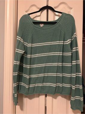 a new day Teal Green Waffle Knit Scoop Neck Sweater with White Stripes